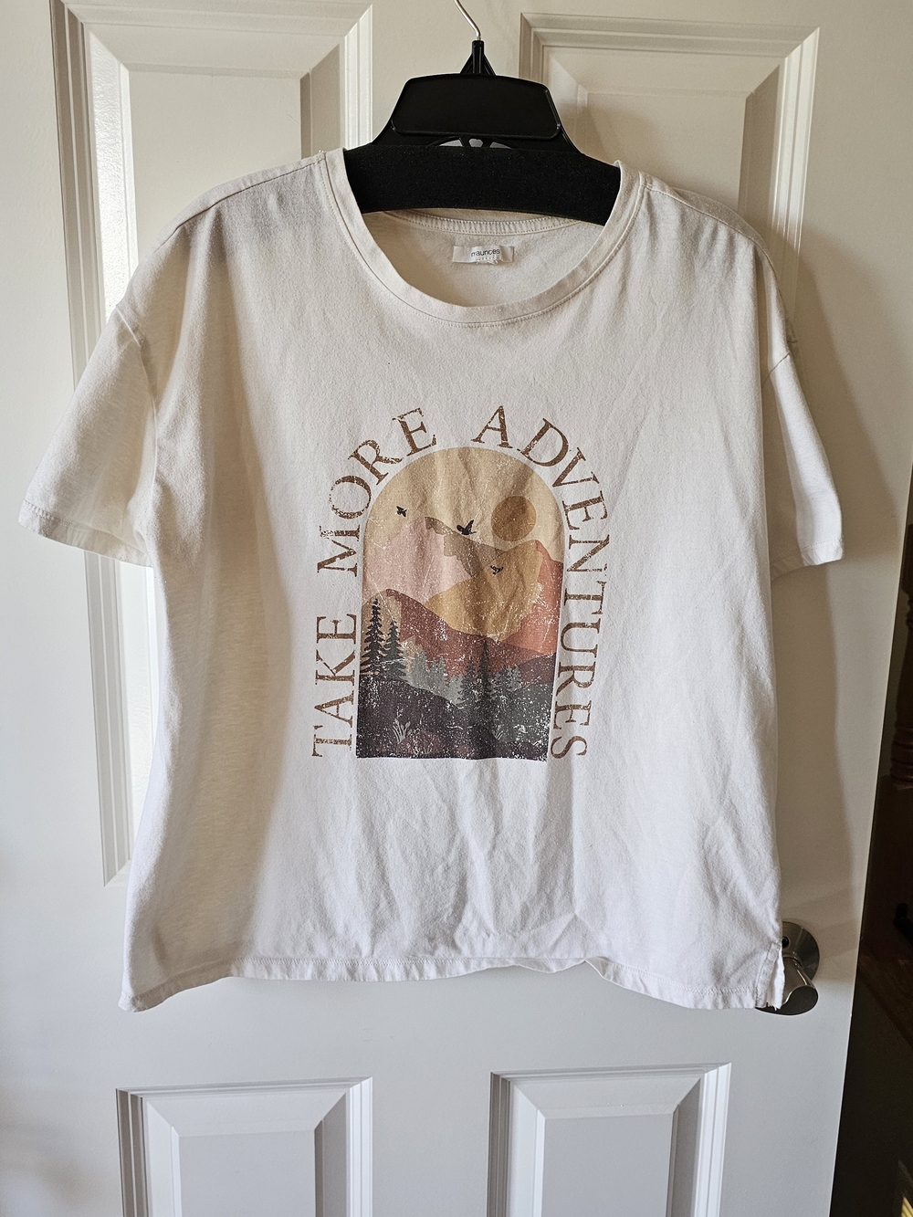 Maurices White Graphic Tee with Earth Tone Adventure Print